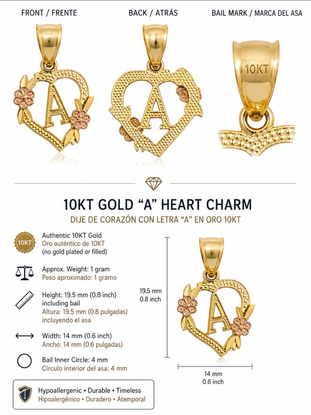 10KT Gold Heart 'A' Initial Charm Pendant - Gold